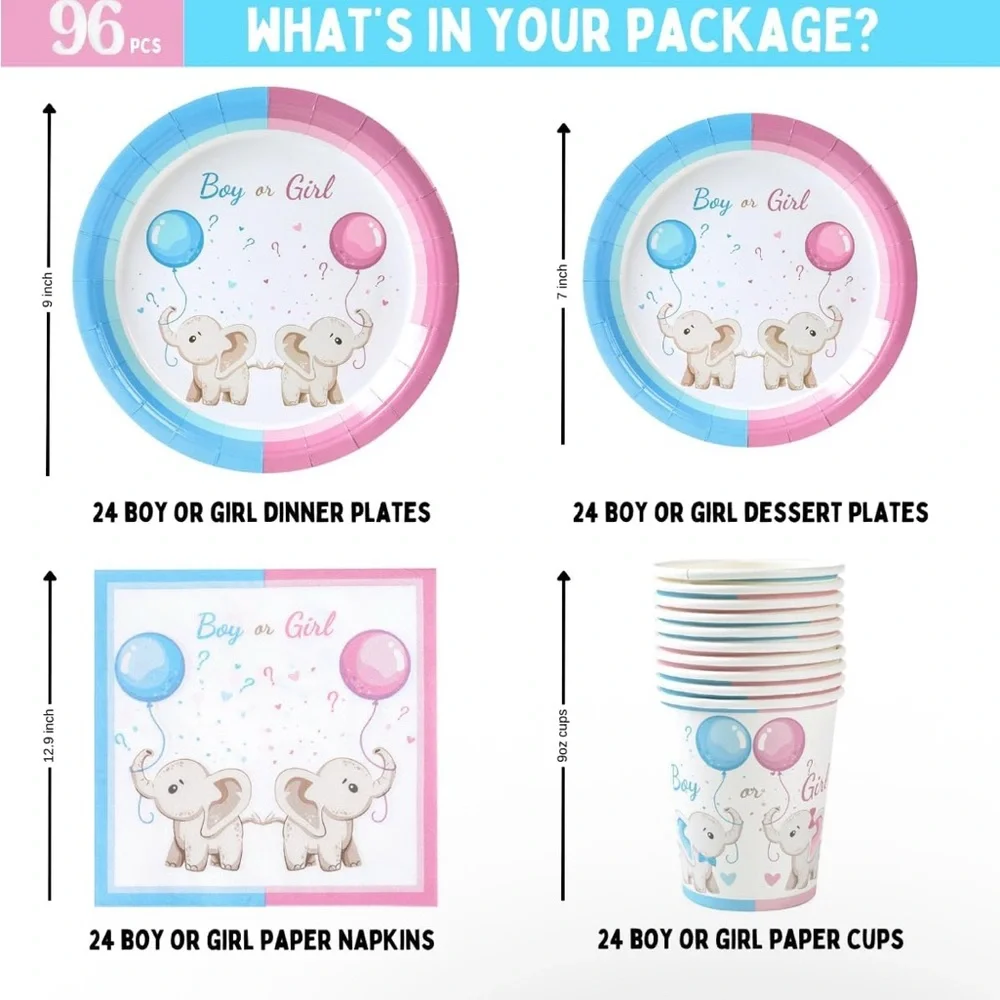 Baby Gender Decoration Kit 96 Pieces, Pink and Blue Plates Set, Boy or Girl Cups